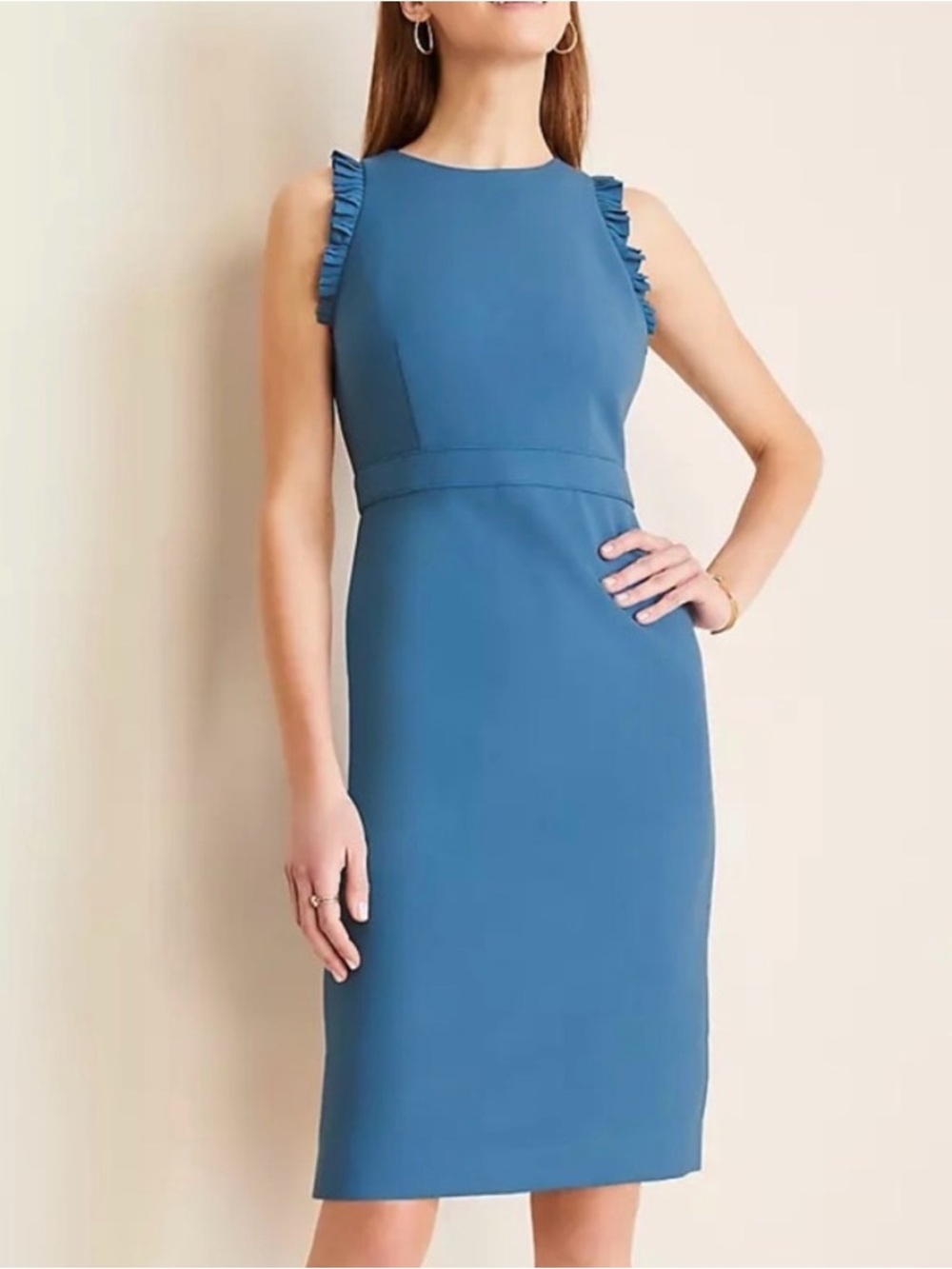 NWT Ann Taylor Blue Ruffle-Shoulder Midi Sheath Dress Size 6